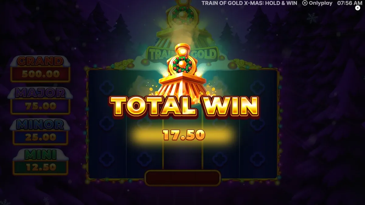 Giao diện trò chơi Train of Gold X-Mas: Hold & Win với chủ đề Giáng sinh và tàu hỏa vàng