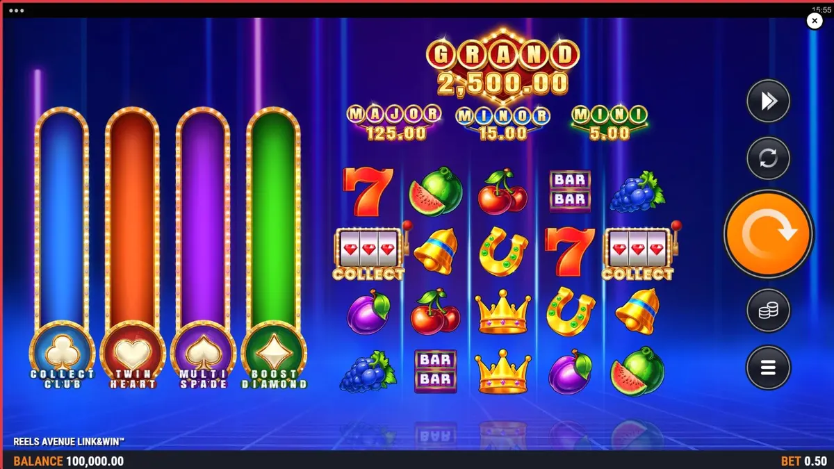 Giao diện neon tương lai của trò chơi slot Reels Avenue Link&Win